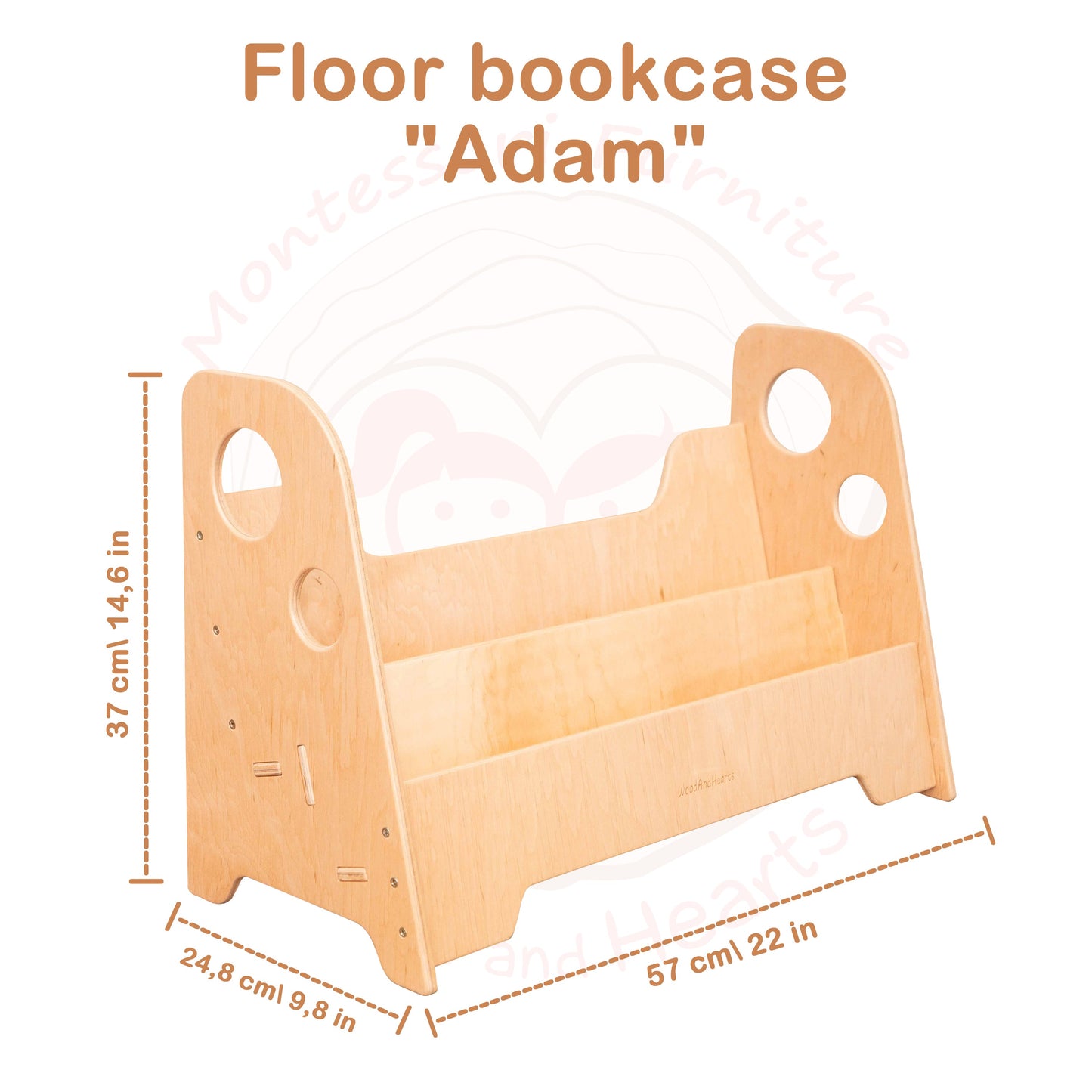 Wood and Hearts Eco-Friendly Natural Wooden Montessori Kids Bookshelf