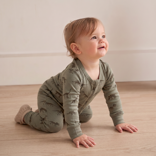 Organic Cotton 2-Way Zip Romper with Convertible Footies & Mittens for Babies – Dinos