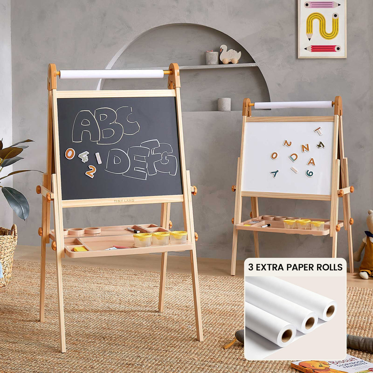 Tiny Land® Caramel Magnitales Art Easel & Paper Roll Set – Double-Sided Magnetic Easel with 3 Extra Paper Rolls, Ages 3–8
