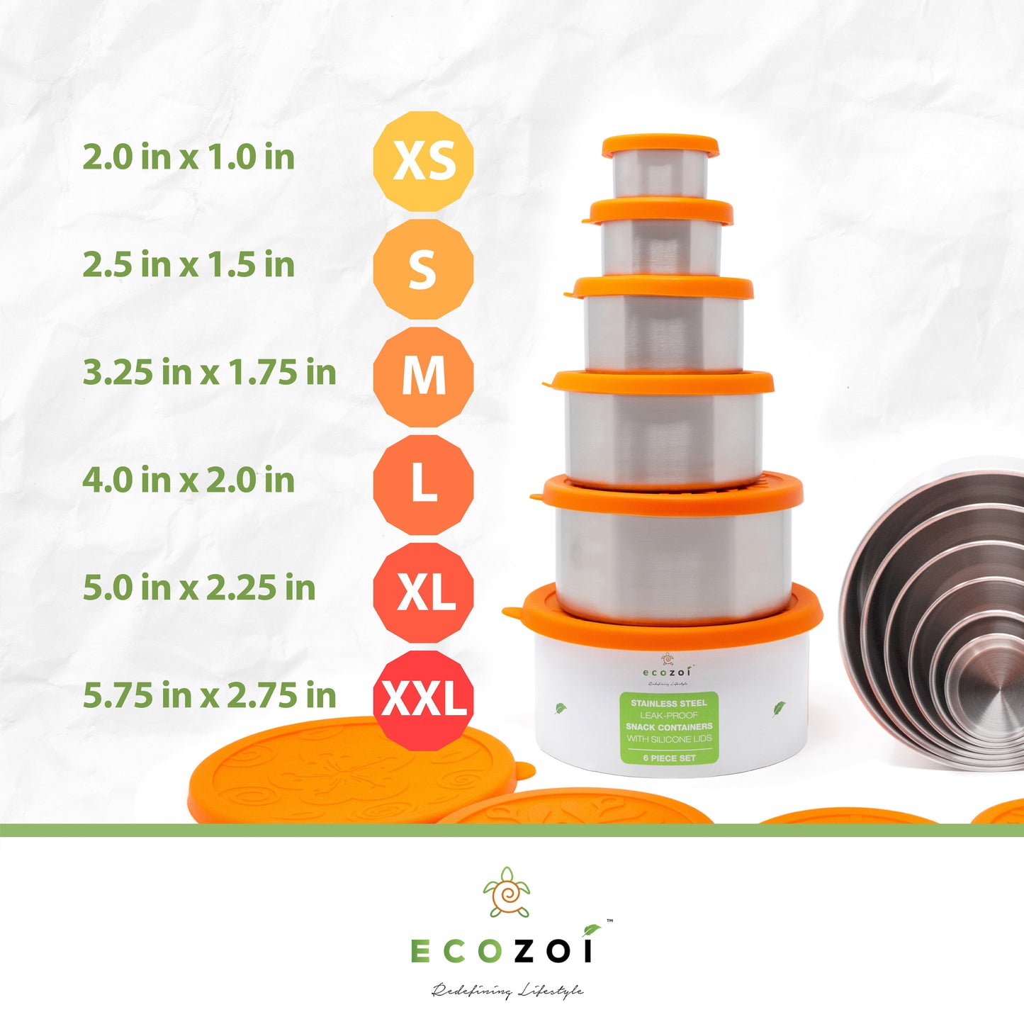 Ecozoi Sustainable Non-Toxic Stainless Steel Lunch Box 6 Pc Set, Leak Proof