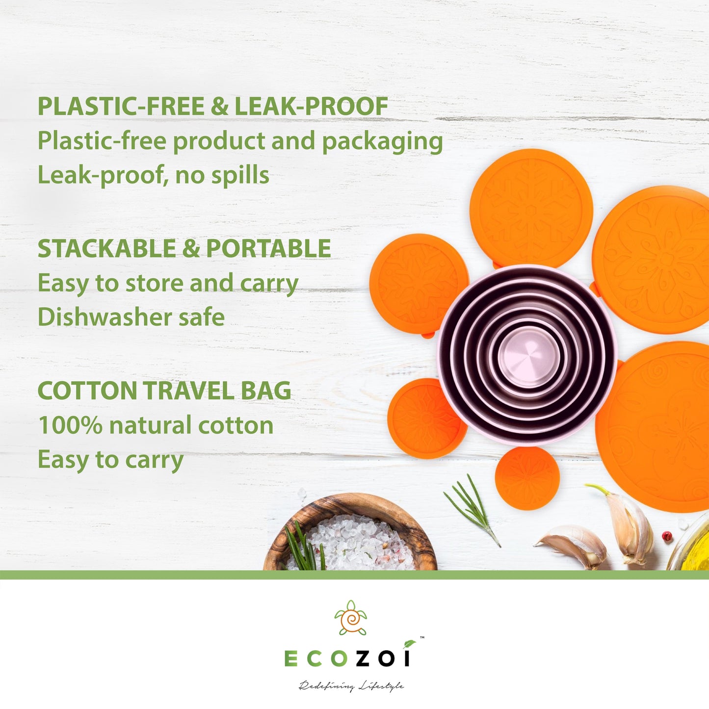Ecozoi Sustainable Non-Toxic Stainless Steel Lunch Box 6 Pc Set, Leak Proof