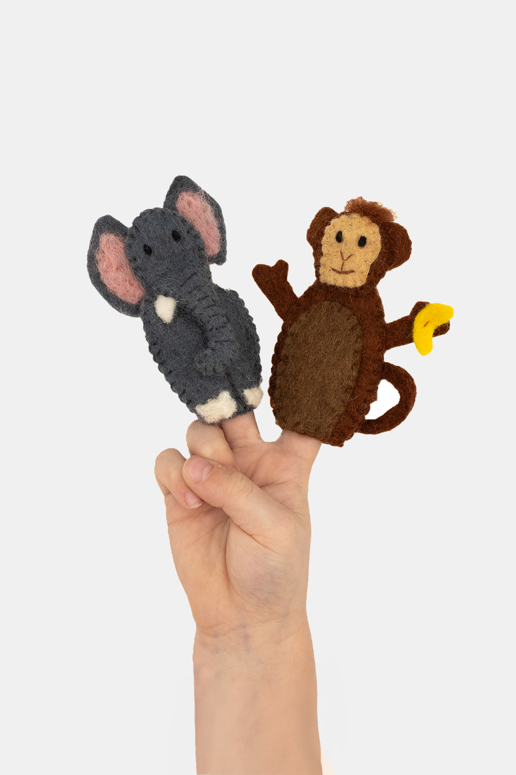 Elephant & Monkey Finger Puppet Set – Handmade Wool Felt Pretend Play Toy
