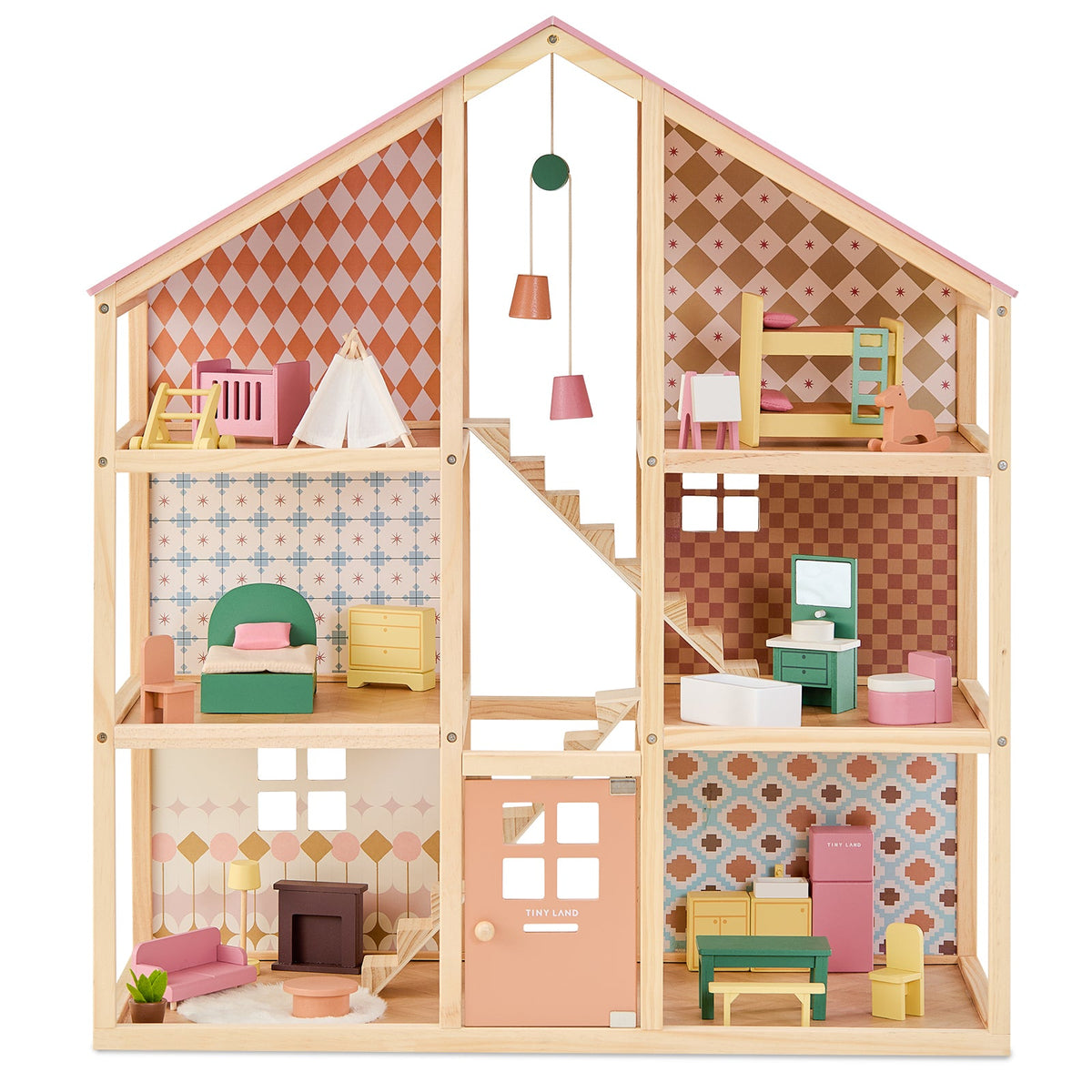 Tiny Land® Sweetwood Wooden Dollhouse without Dolls – 3 Levels + Attic, 6 Rooms, Wooden Furniture Set, Ages 3+