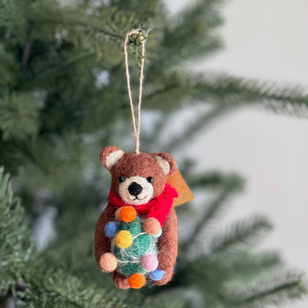 Brown Bear with Christmas Tree Ornament – Handmade Wool Felt Holiday Decor
