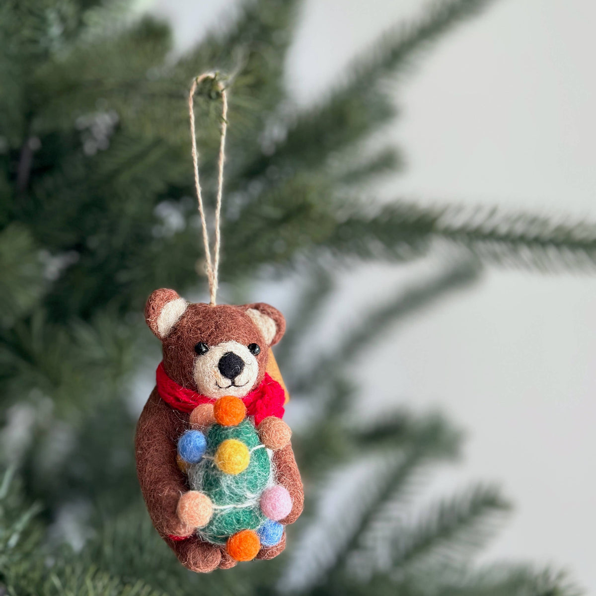Brown Bear with Christmas Tree Ornament – Handmade Wool Felt Holiday Decor