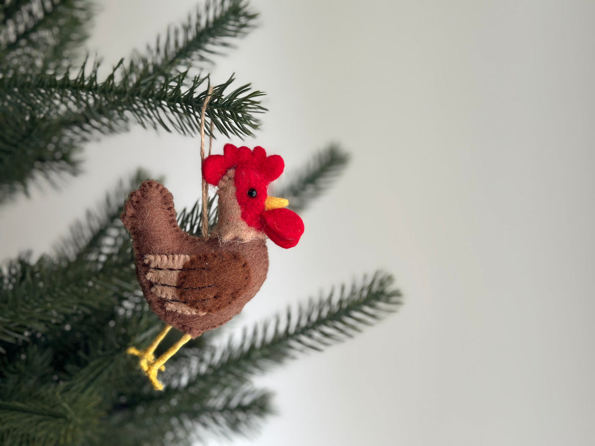 Brown Rooster Ornament – Handmade Wool Felt Holiday Decor