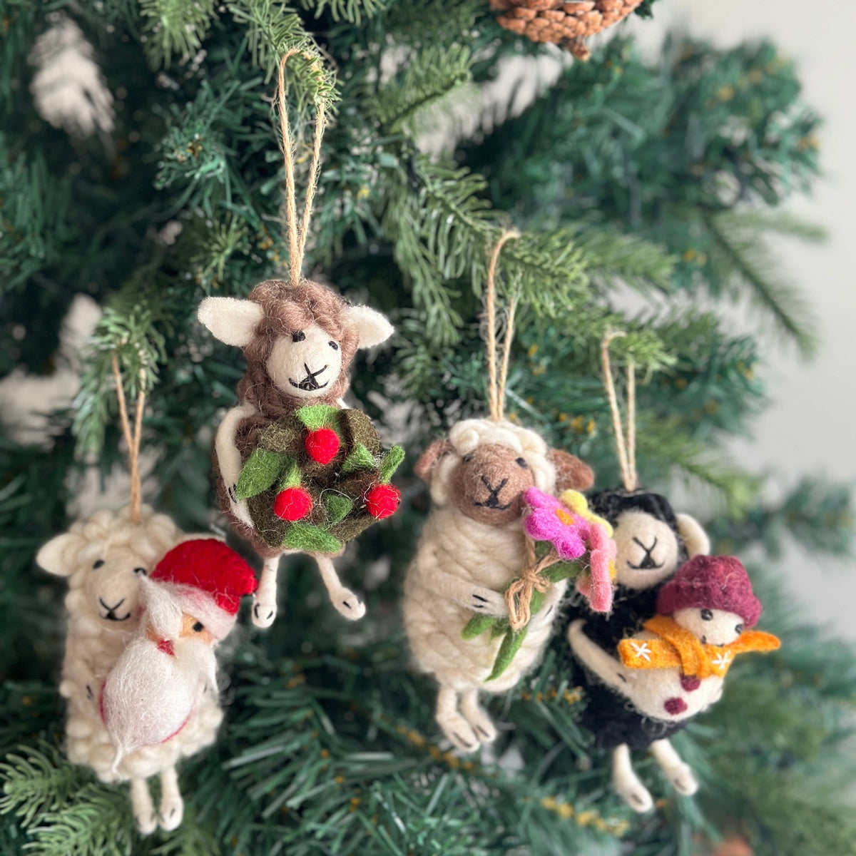 Sheep Christmas Ornament Set of 4 – Handmade Wool Felt Holiday Decor