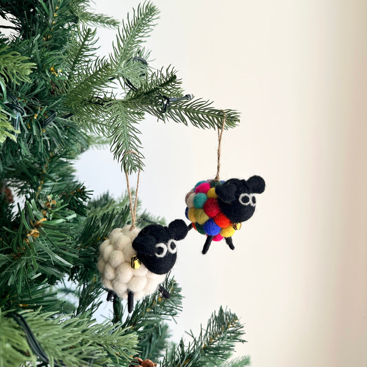 Mini Pompom Sheep Christmas Ornament Set of 2 – Handmade Wool Felt