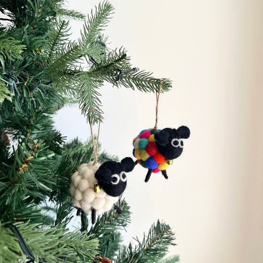 Mini Pompom Sheep Christmas Ornament Set of 2 – Handmade Wool Felt