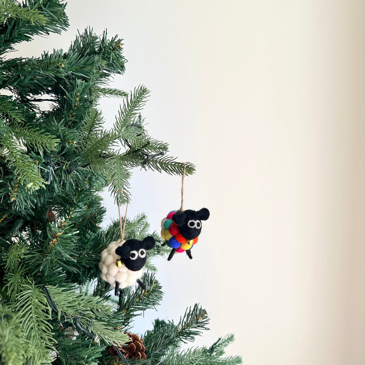 Mini Pompom Sheep Christmas Ornament Set of 2 – Handmade Wool Felt