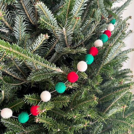 Felt Pompom Ball Christmas Garland – Red, Green & White Wool Felt, 6 ft