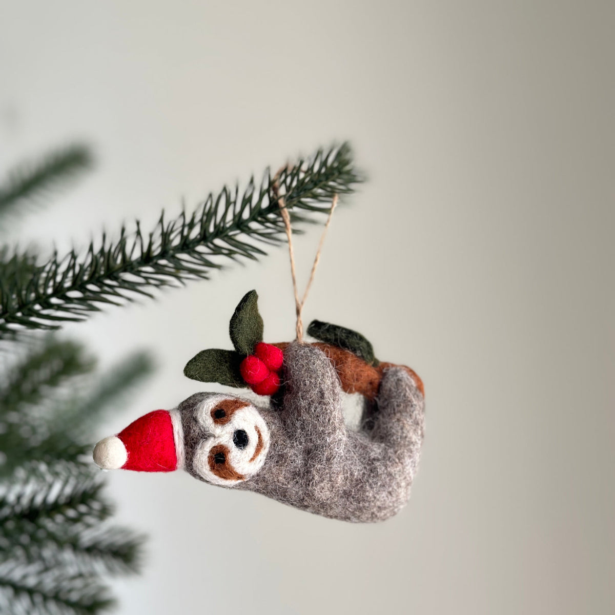Christmas Sloth Ornament – Handmade Wool Felt Holiday Decor