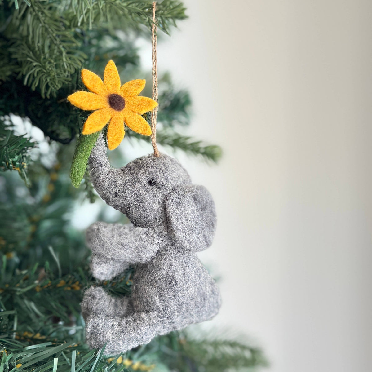 Elephant with Flower Ornament – Handmade Wool Felt Holiday Decor