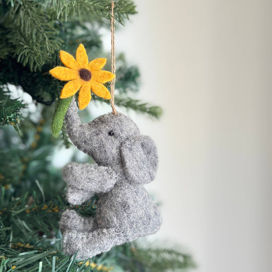 Elephant with Flower Ornament – Handmade Wool Felt Holiday Decor