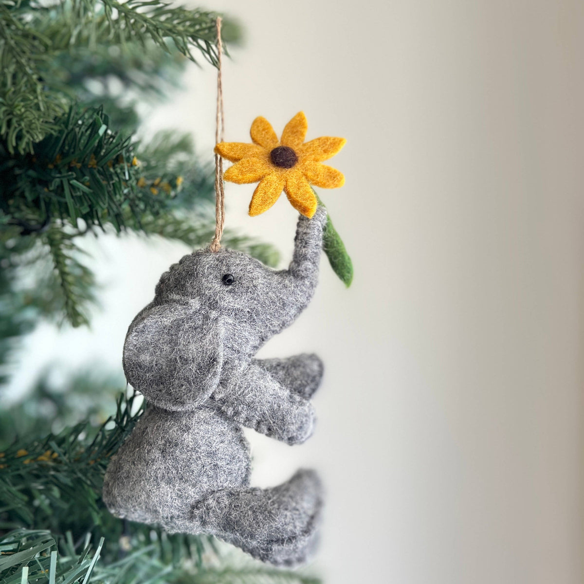 Elephant with Flower Ornament – Handmade Wool Felt Holiday Decor