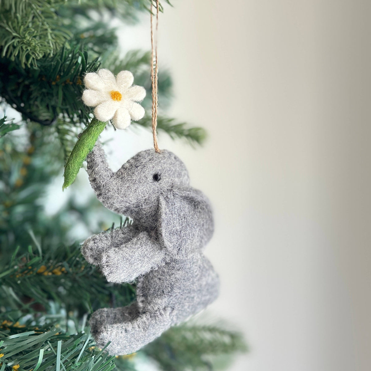 Elephant with Flower Ornament – Handmade Wool Felt Holiday Decor