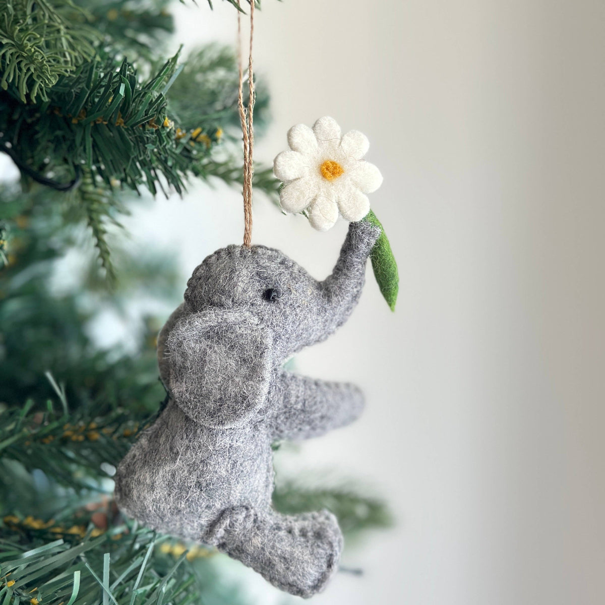 Elephant with Flower Ornament – Handmade Wool Felt Holiday Decor