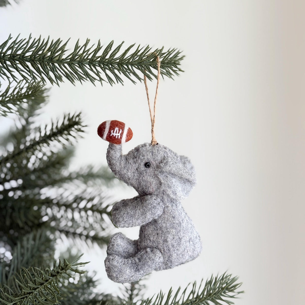 Elephant with Football Christmas Ornament – Handmade Wool Felt Holiday Decor