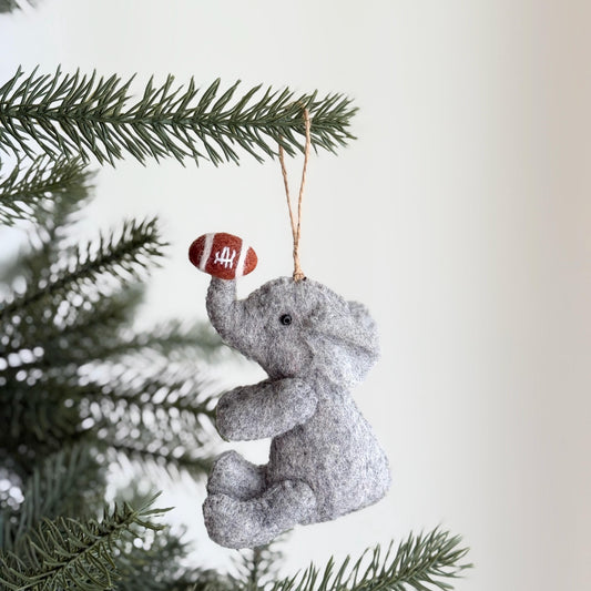 Elephant with Football Christmas Ornament – Handmade Wool Felt Holiday Decor