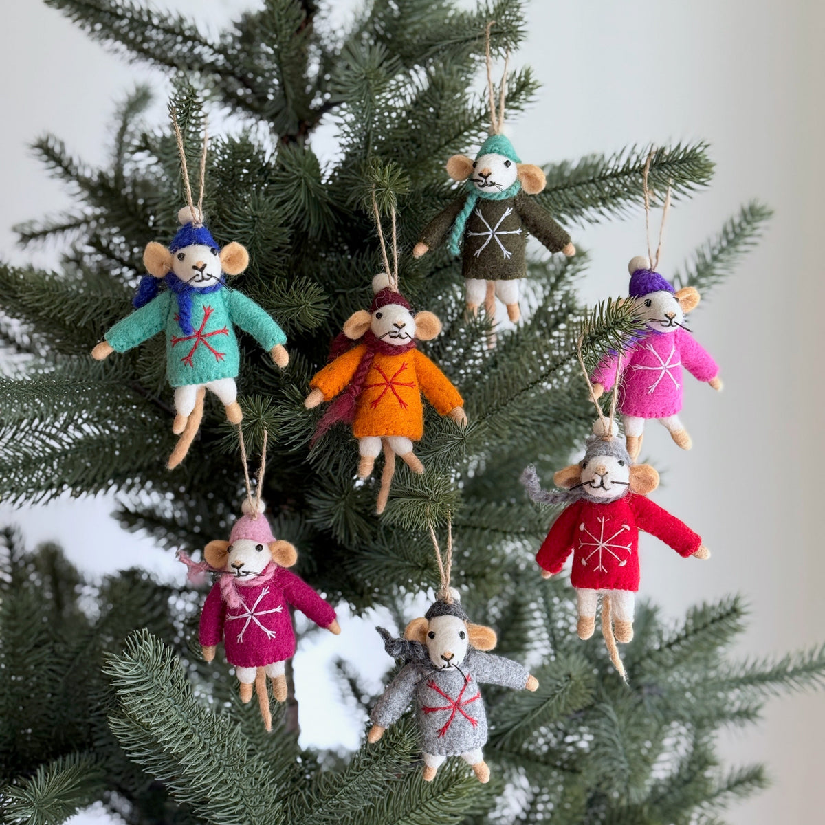 Mouse in Sweater Christmas Ornament Set of 7 – Handmade Wool Felt Rainbow Mice