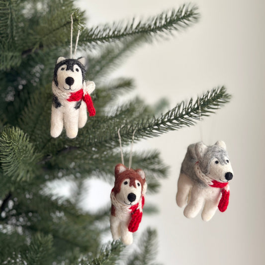 Husky with Red Scarf Christmas Ornament – Handmade Wool Felt Holiday Decor