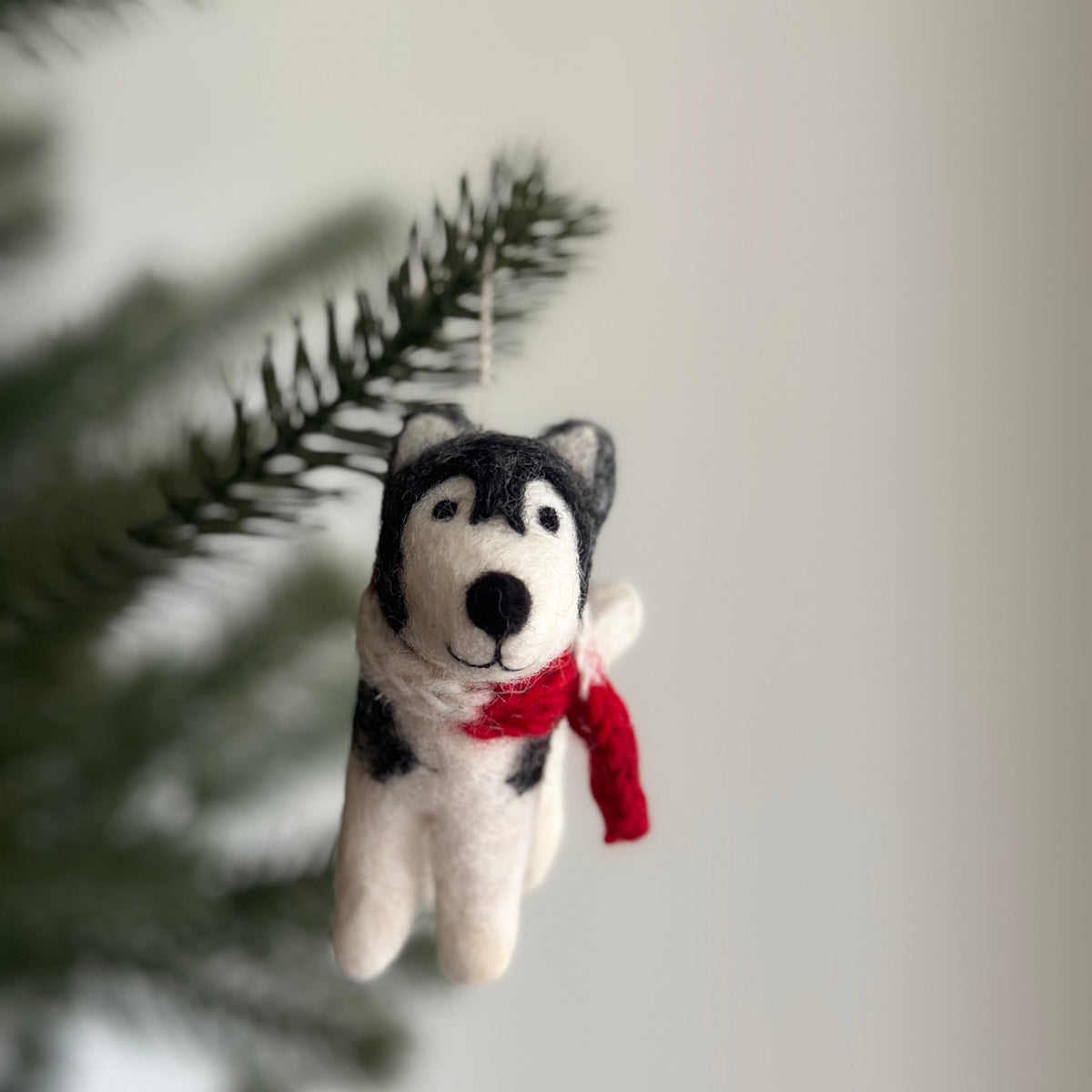 Husky with Red Scarf Christmas Ornament – Handmade Wool Felt Holiday Decor