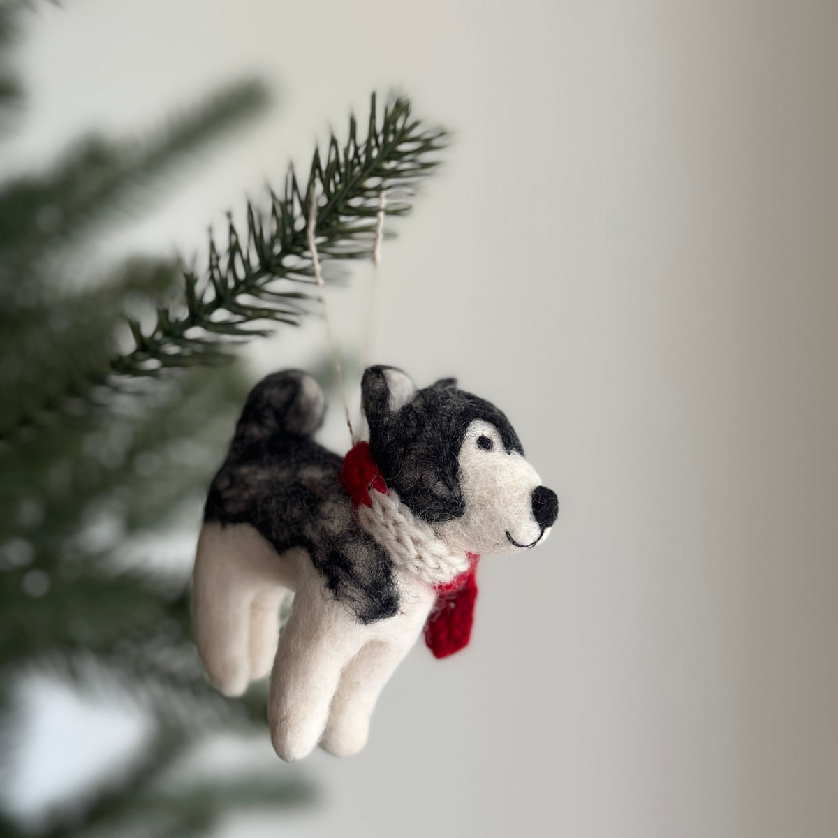 Husky with Red Scarf Christmas Ornament – Handmade Wool Felt Holiday Decor
