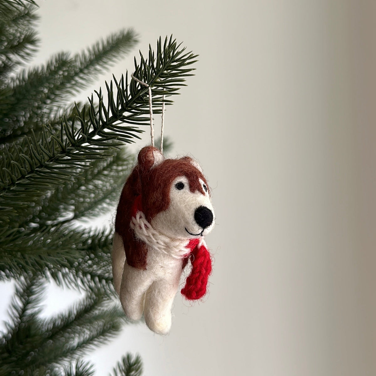 Husky with Red Scarf Christmas Ornament – Handmade Wool Felt Holiday Decor