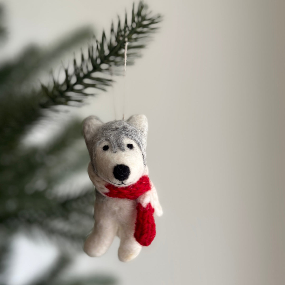 Husky with Red Scarf Christmas Ornament – Handmade Wool Felt Holiday Decor
