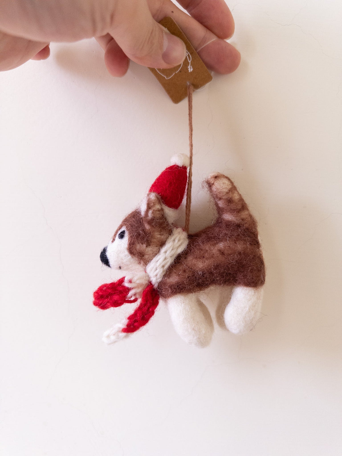Husky with Red Scarf Christmas Ornament – Handmade Wool Felt Holiday Decor