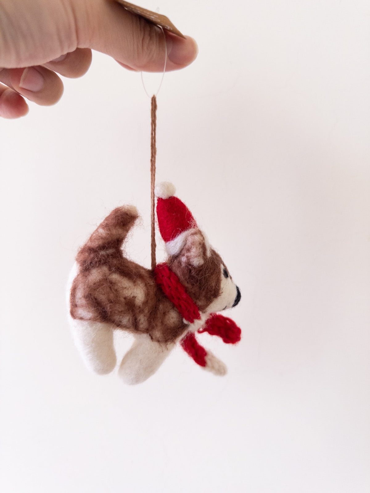 Husky with Red Scarf Christmas Ornament – Handmade Wool Felt Holiday Decor