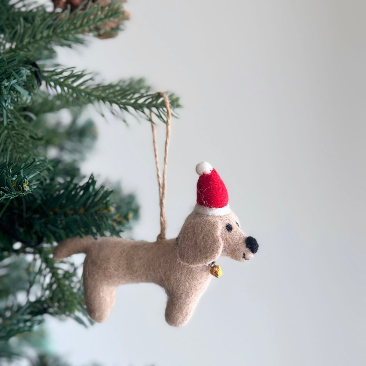 Dachshund with Christmas Hat Ornament – Handmade Wool Felt Holiday Decor