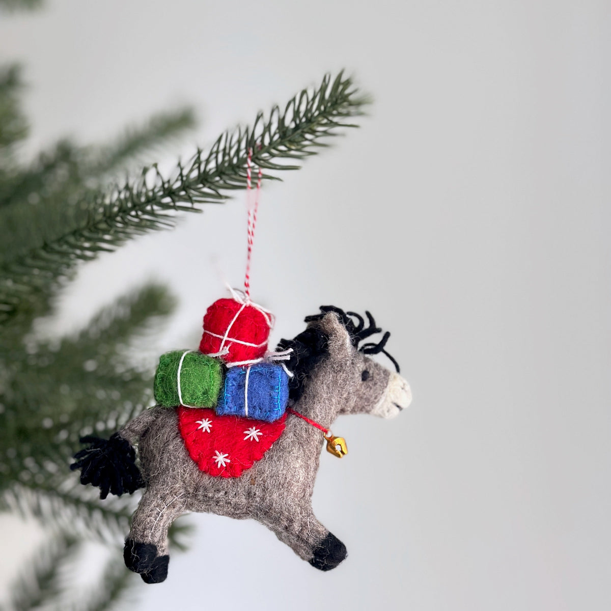 Donkey with Gifts Ornament – Handmade Wool Felt Holiday Decor