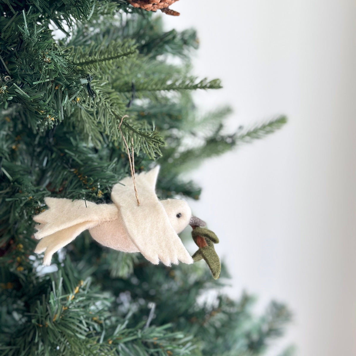 Dove with Olive Twig Ornament – Handmade Wool Felt Holiday Decor