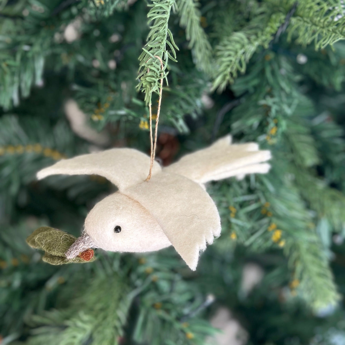 Dove with Olive Twig Ornament – Handmade Wool Felt Holiday Decor