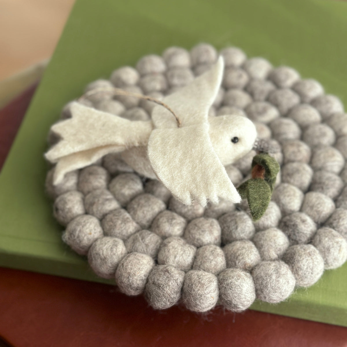 Dove with Olive Twig Ornament – Handmade Wool Felt Holiday Decor