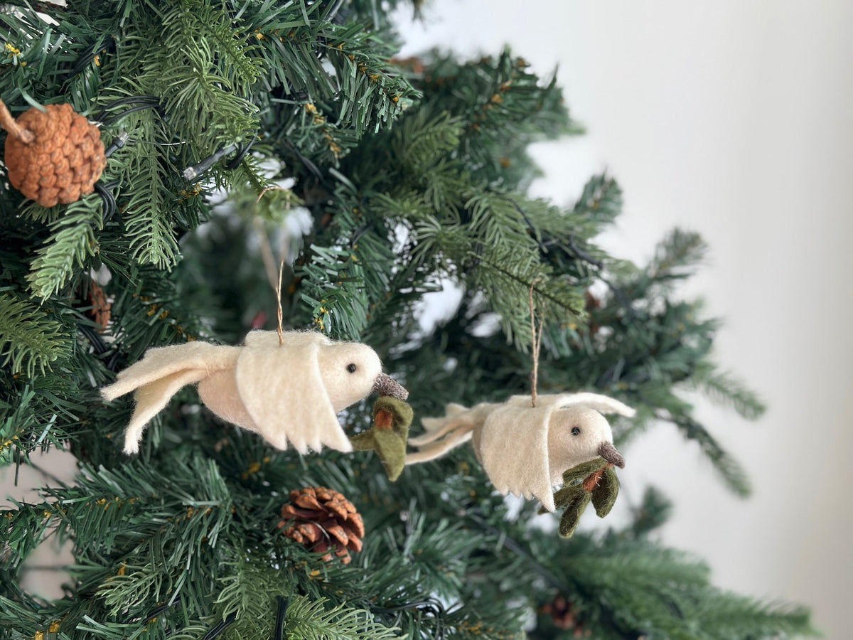 Dove with Olive Twig Ornament – Handmade Wool Felt Holiday Decor