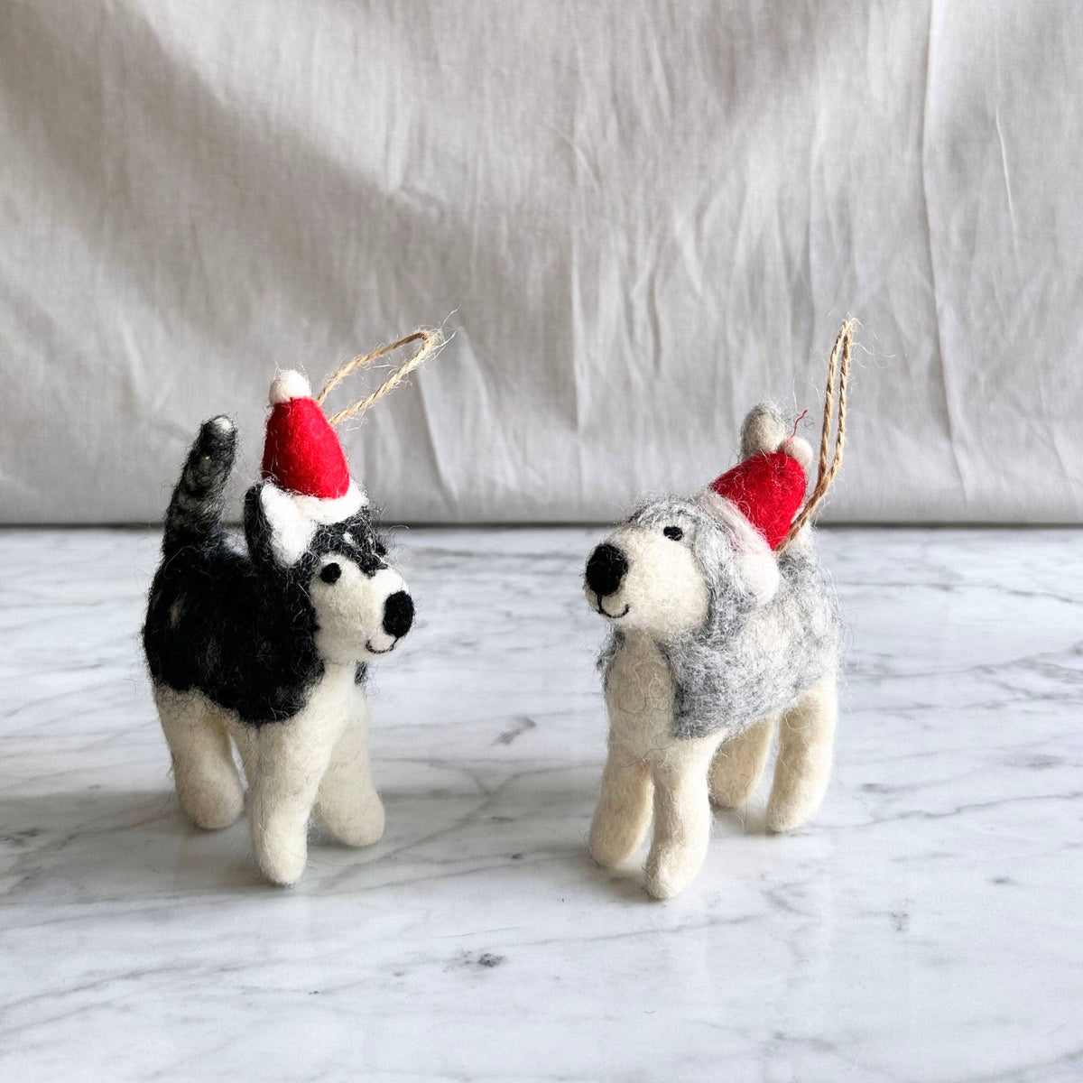 Husky with Christmas Hat Ornament – Handmade Wool Felt Holiday Decor