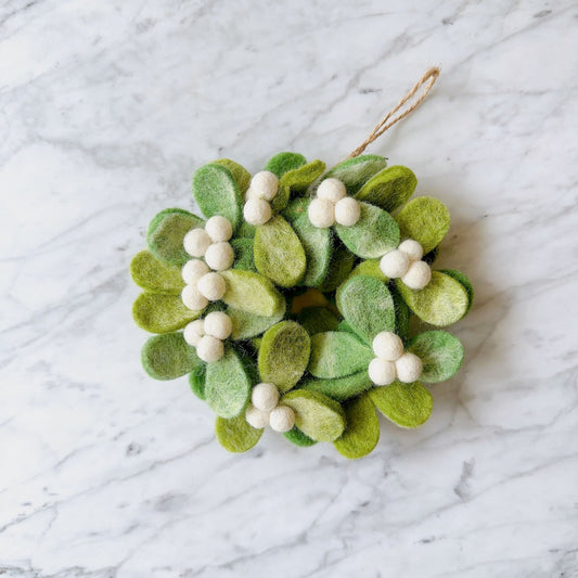 Mini Mistletoe Wreath Ornament – Handmade Wool Felt Holiday Decor