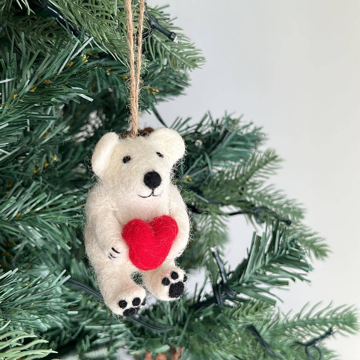 Mini Polar Bear Holding Heart Ornament – Handmade Wool Felt Holiday Decor