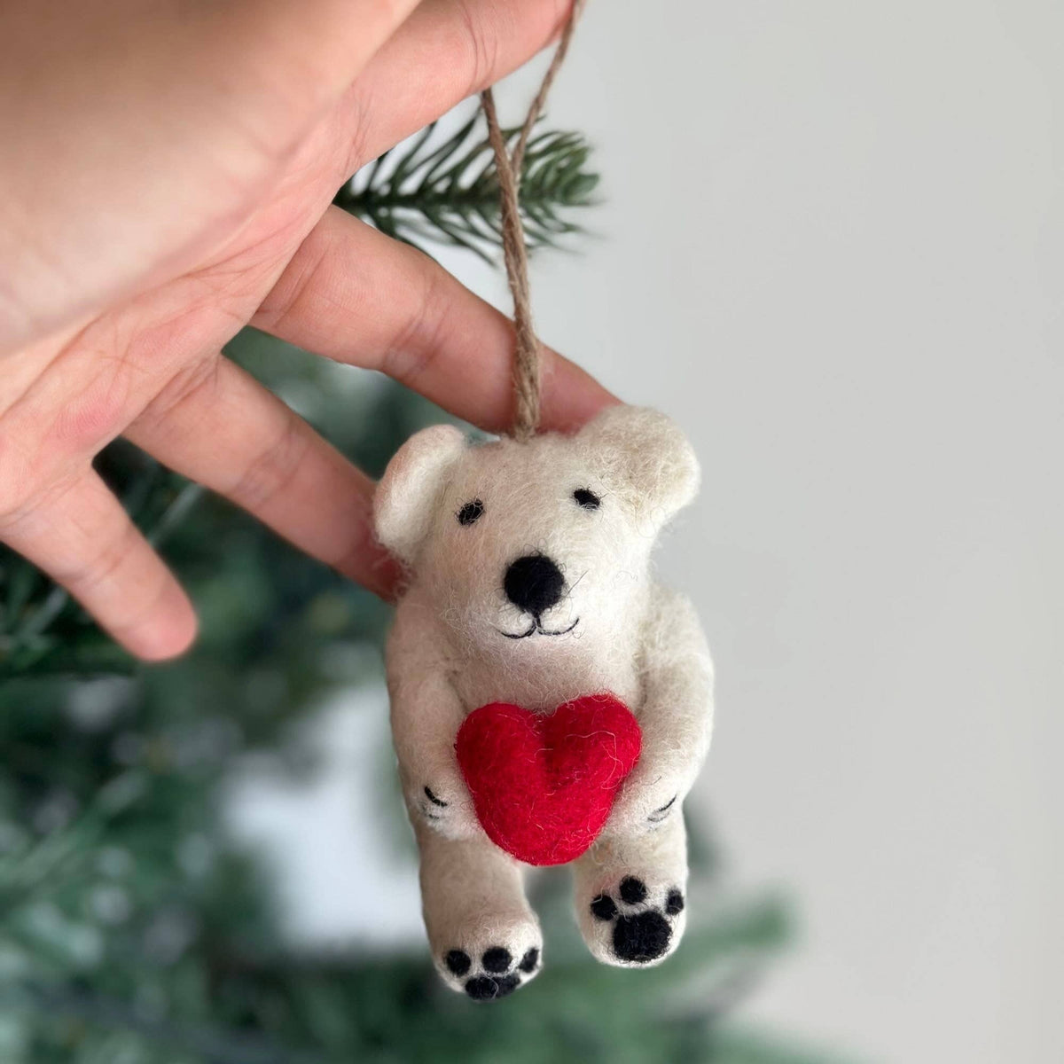 Mini Polar Bear Holding Heart Ornament – Handmade Wool Felt Holiday Decor