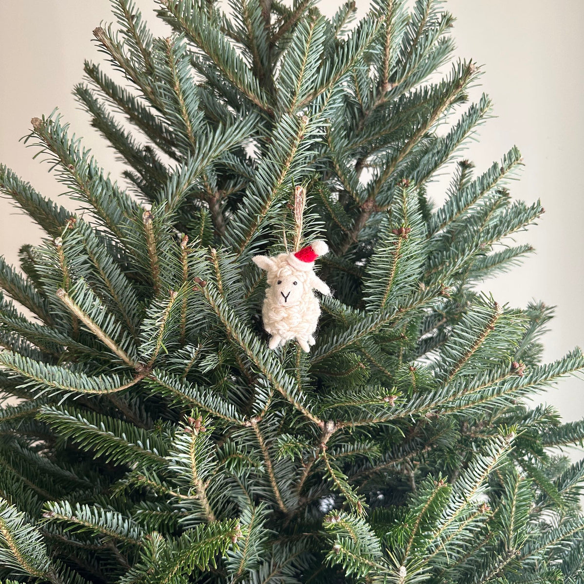 Mini Sheep with Christmas Hat Ornament – Handmade Wool Felt Holiday Decor