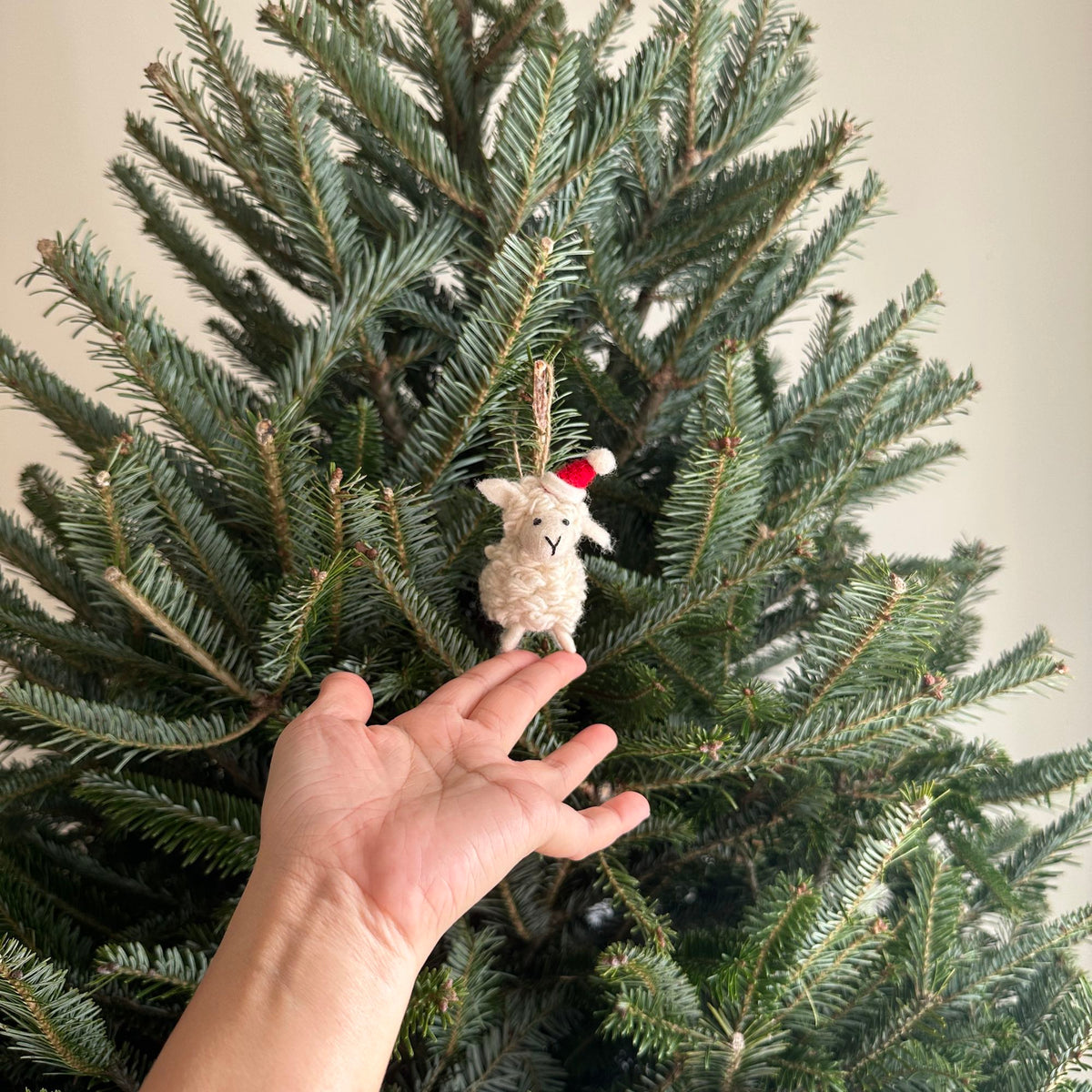 Mini Sheep with Christmas Hat Ornament – Handmade Wool Felt Holiday Decor