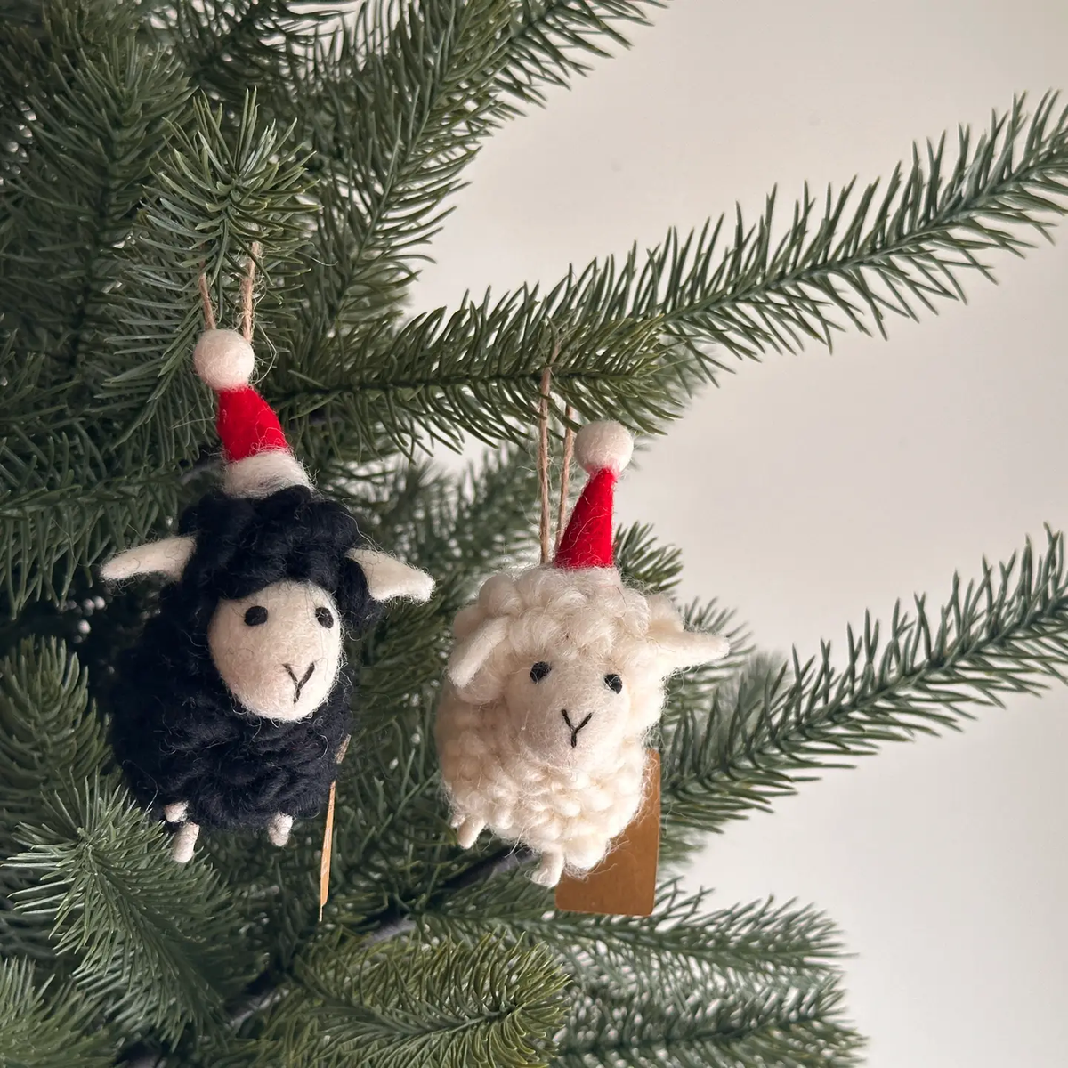 Mini Sheep with Christmas Hat Ornament – Handmade Wool Felt Holiday Decor