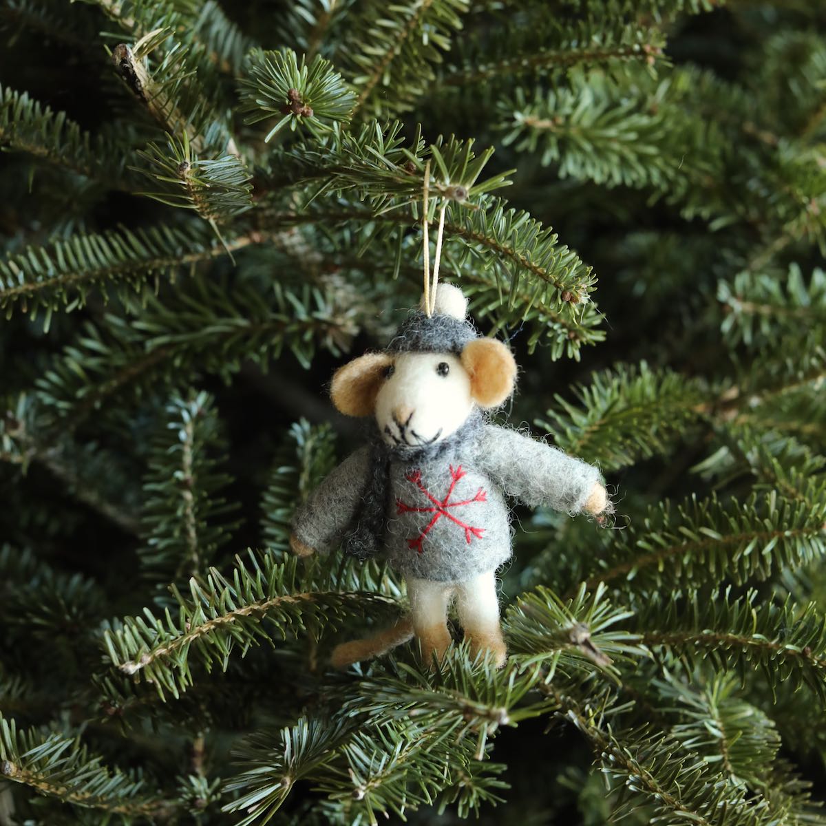 Mouse with Scarf Ornament – Handmade Wool Felt Holiday Decor