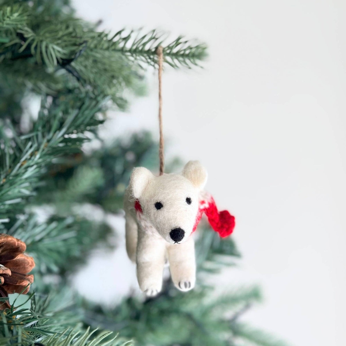 Polar Bear with Scarf Ornament – Handmade Wool Felt Holiday Decor
