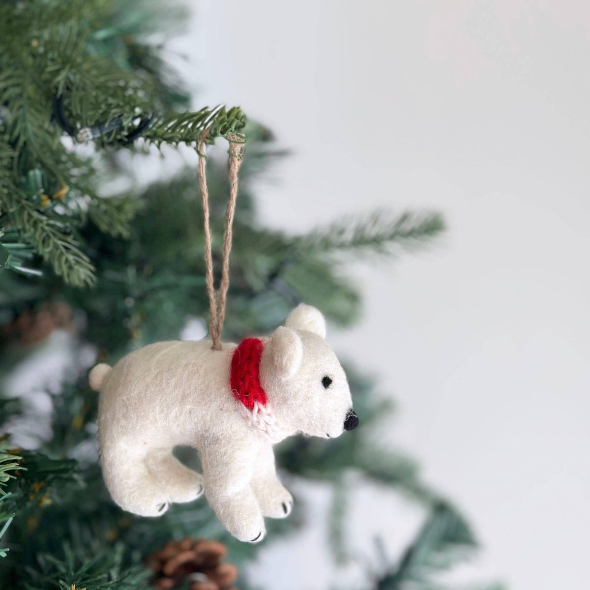 Polar Bear with Scarf Ornament – Handmade Wool Felt Holiday Decor