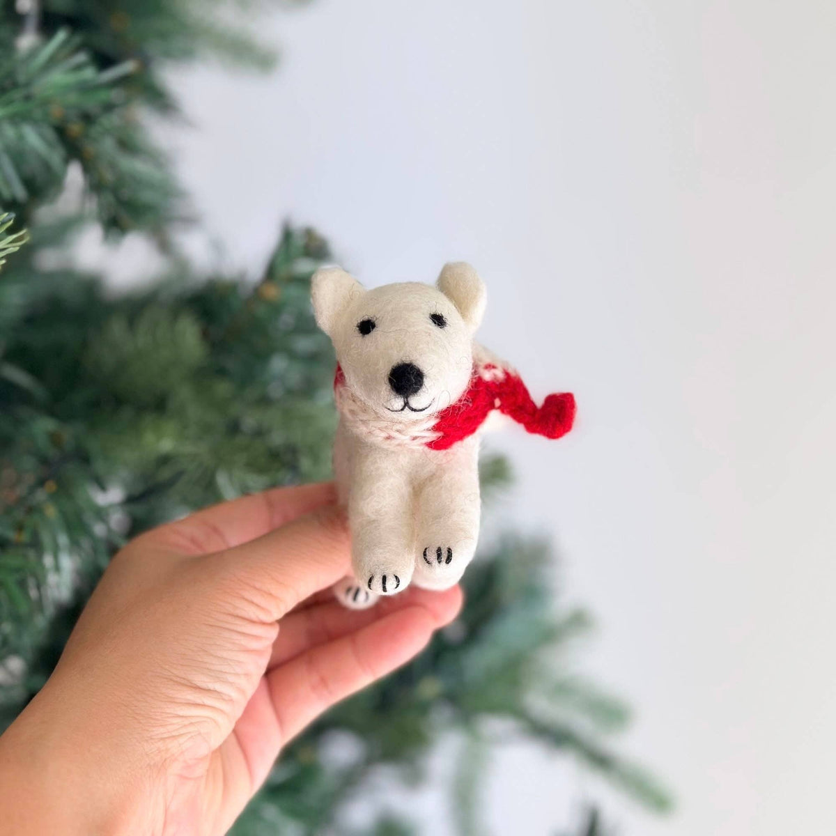 Polar Bear with Scarf Ornament – Handmade Wool Felt Holiday Decor