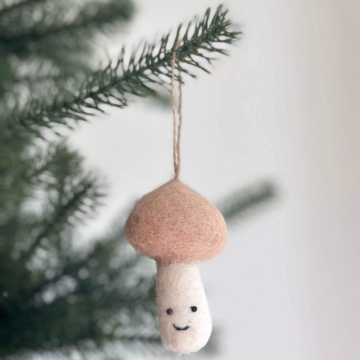 Smiley Mushroom Ornament – Handmade Wool Felt Holiday Decor