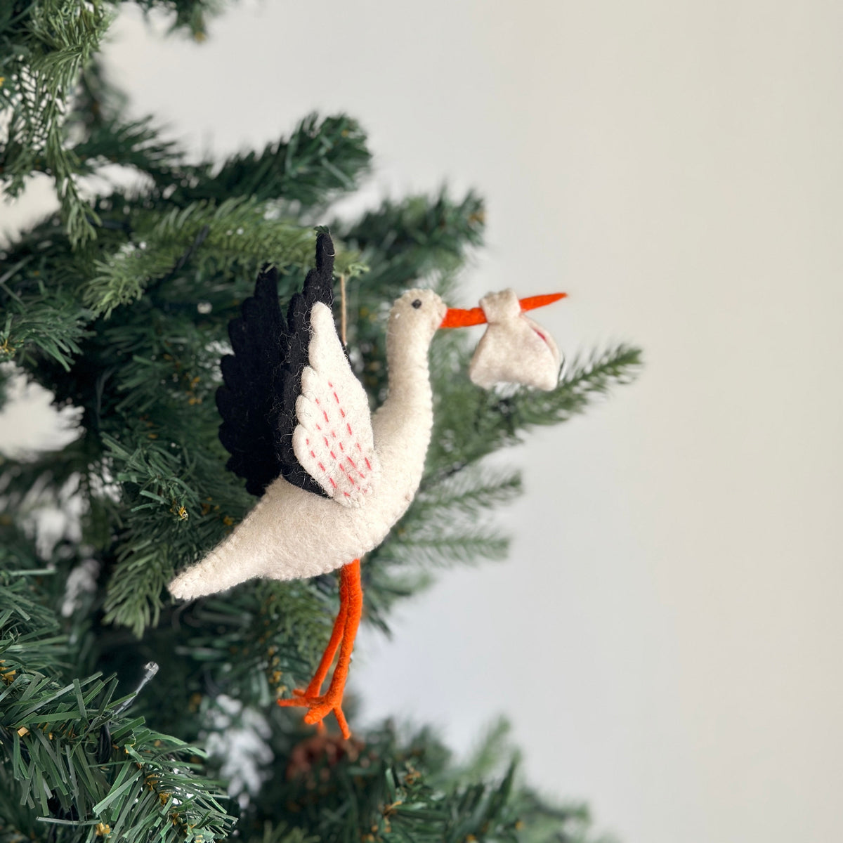 Hand-Stitched Stork Ornament – Handmade Wool Felt Holiday Decor